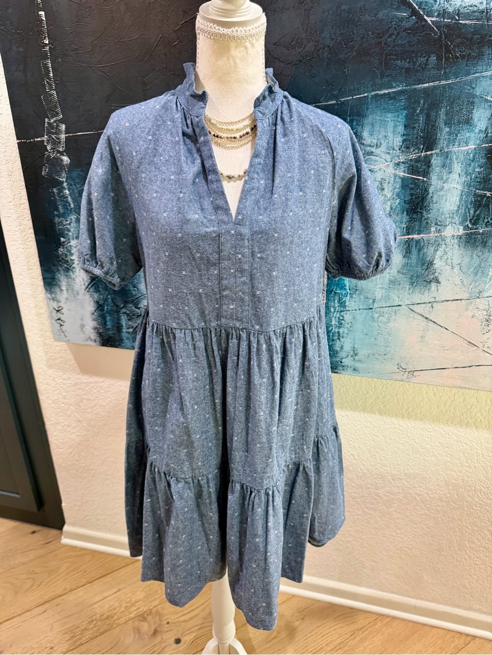 CeCe Blue Speckled Tiered V-Neck Mini Dress Babydoll Small 100% Cotton